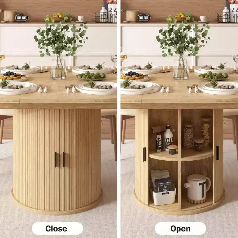 Tavolo da pranzo rotondo allungabile Dyonery 63 con ripiano portaoggetti a 2 livelli, con base a piedistallo, mobili da pranzo ovali in legno, noce