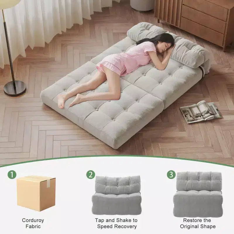 Divano Letto Futon Pieghevole in Velluto a Coste, Sedia Convertibile da Terra con Cuscino e Supporto per la Schiena
