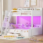 Letto a castello singolo su piazza e mezza con contenitore, luci LED e stazione di ricarica, letto a castello in legno con mensole laterali per bambini e ragazzi
