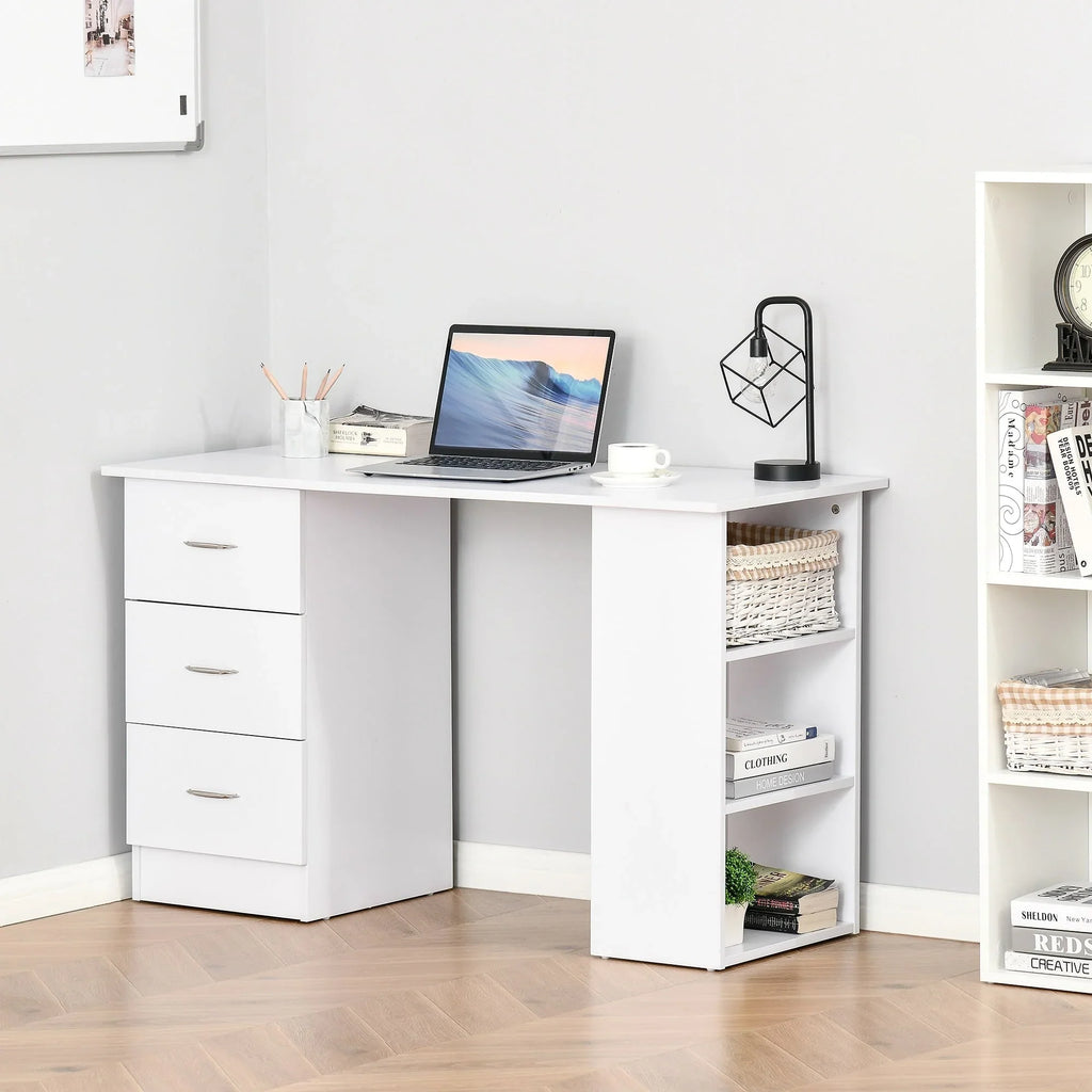 HOMCOM 47" Scrivania per Computer da Ufficio Moderna con Libreria, Tavolo da Scrittura Workstation con 3 Cassetti e Ripiano - Bianco
