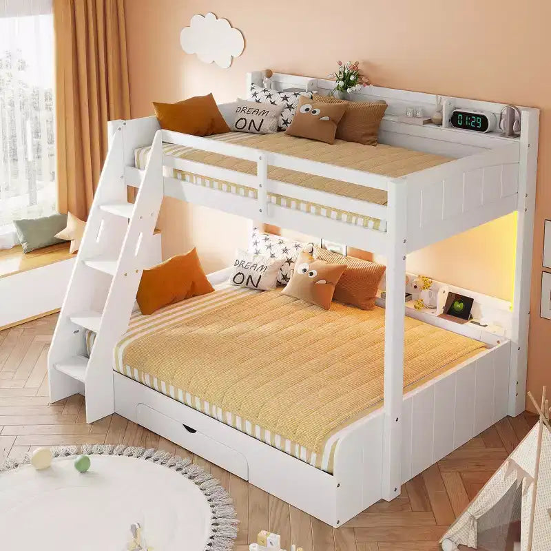 Letto a castello singolo su piazza e mezza con contenitore, luci LED e stazione di ricarica, letto a castello in legno con mensole laterali per bambini e ragazzi