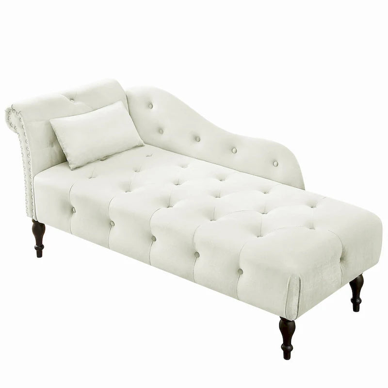 Moderna Chaise Longue da 60.6" in Velluto Imbottito con Bottoni Capitonnè, Gambe in Legno Massello e Borchie