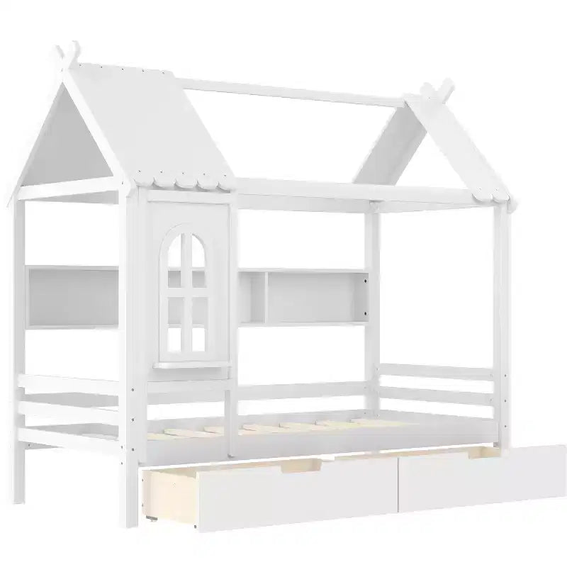 Letto a capanna con cassetti contenitori e finestra, struttura in legno massello con mensole, design giocoso infantile, bianco chiaro