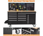 Cassettiera portautensili mobile a 10 cassetti da 61 pollici e banco da lavoro da garage con ciabatta elettrica, piano in legno di gomma massiccio, portata di 1675 libbre, armadio mobile per workstation per impieghi gravosi