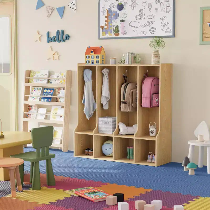 Armadietto a 4 scomparti marrone/bianco con 8 ganci, per bambini