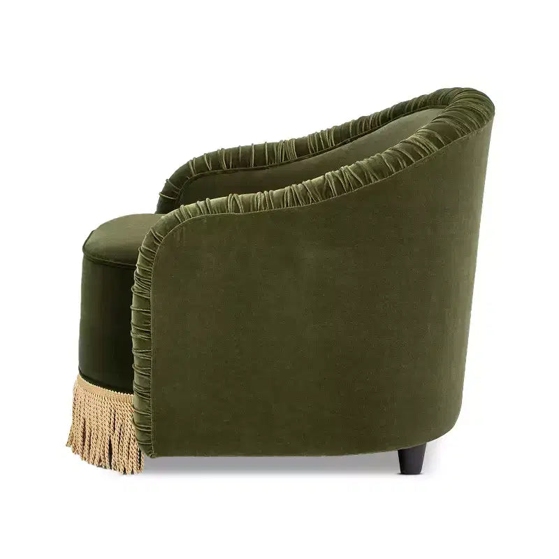Jennifer Taylor Home Serena Poltrona a barilotto accentata con schienale arricciato da 80 cm con frangia, Velluto performance verde oliva