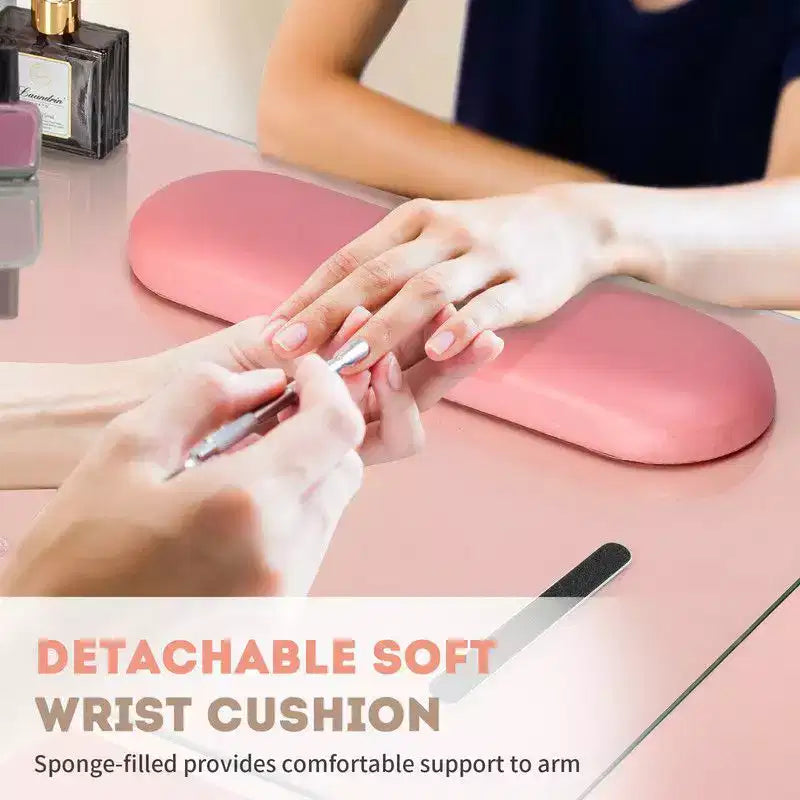 Tavolo manicure moderno nero/rosa con ripiano in vetro e poggiapolso, postazione singola