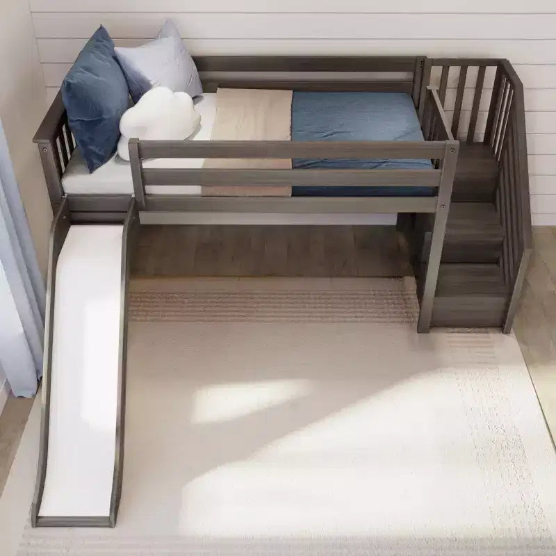Letto a soppalco basso per bambini con scivolo e scale, legno massiccio, 14 sponde protettive, capacità 181 kg