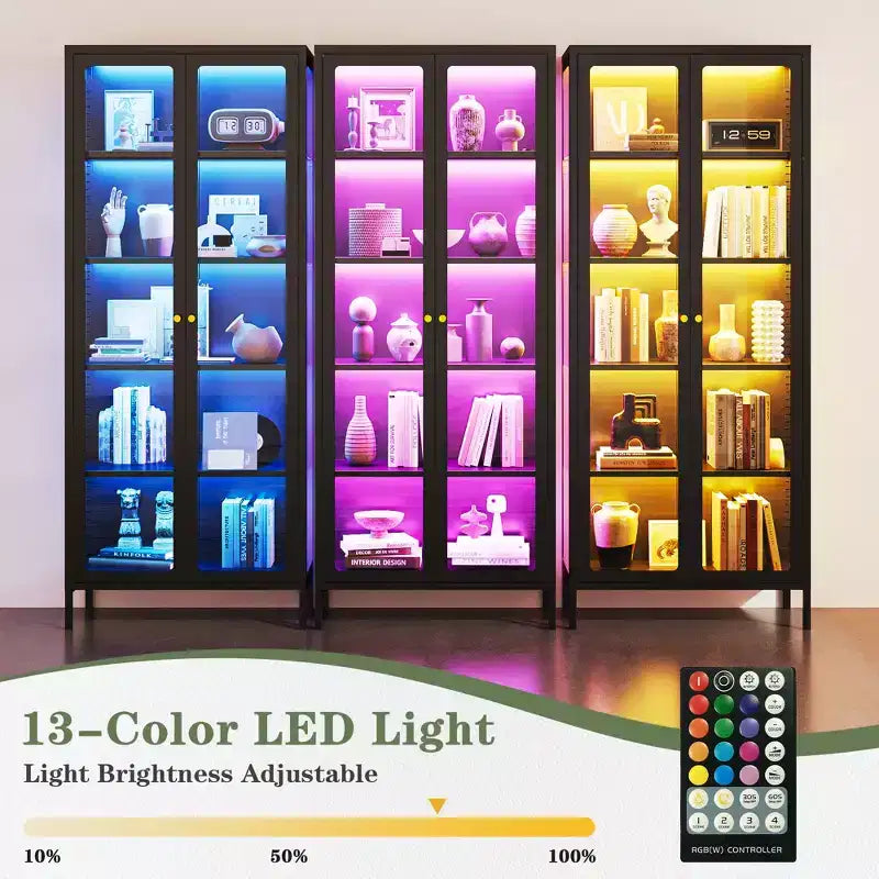 Bekrvio 67H Vetrina in Vetro a 3 Lati con Luci a LED, Mobile Contenitore a 5 Livelli con Doppie Ante e Cornice Metallica per Oggetti da Collezione, Ideale per Spazi Piccoli