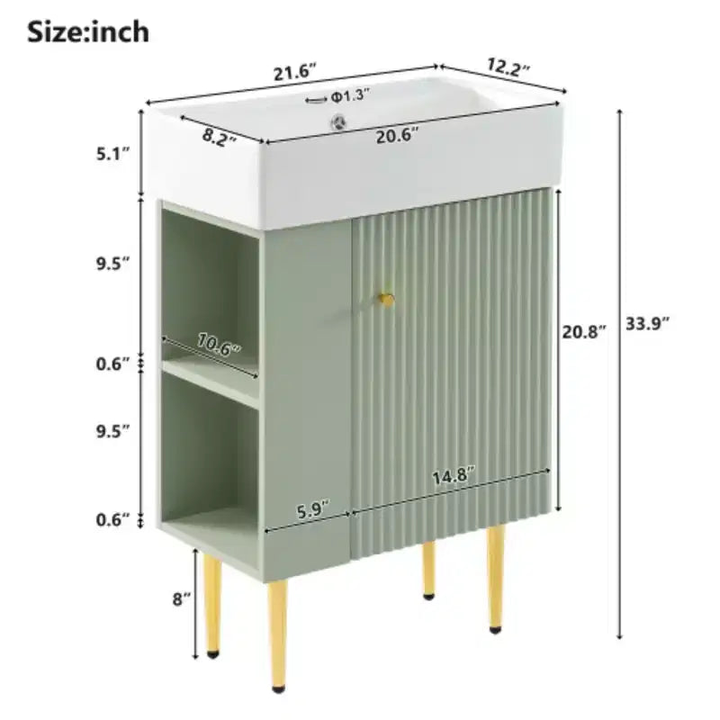 Mobile lavabo da bagno bianco da 21,6", mobiletto combinato, mobiletto da bagno, lavabo singolo in ceramica, contenitore laterale sinistro