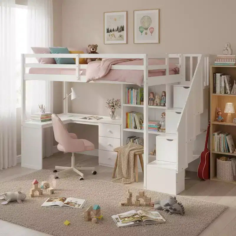 Letto a soppalco singolo con scrivania a L, 3 cassetti, armadietto, scalinata con contenitore, struttura in pino massiccio/MDF