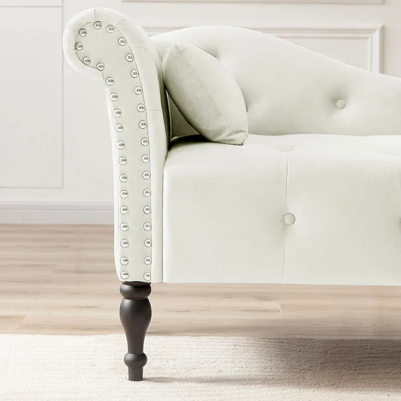 Moderna Chaise Longue da 60.6" in Velluto Imbottito con Bottoni Capitonnè, Gambe in Legno Massello e Borchie
