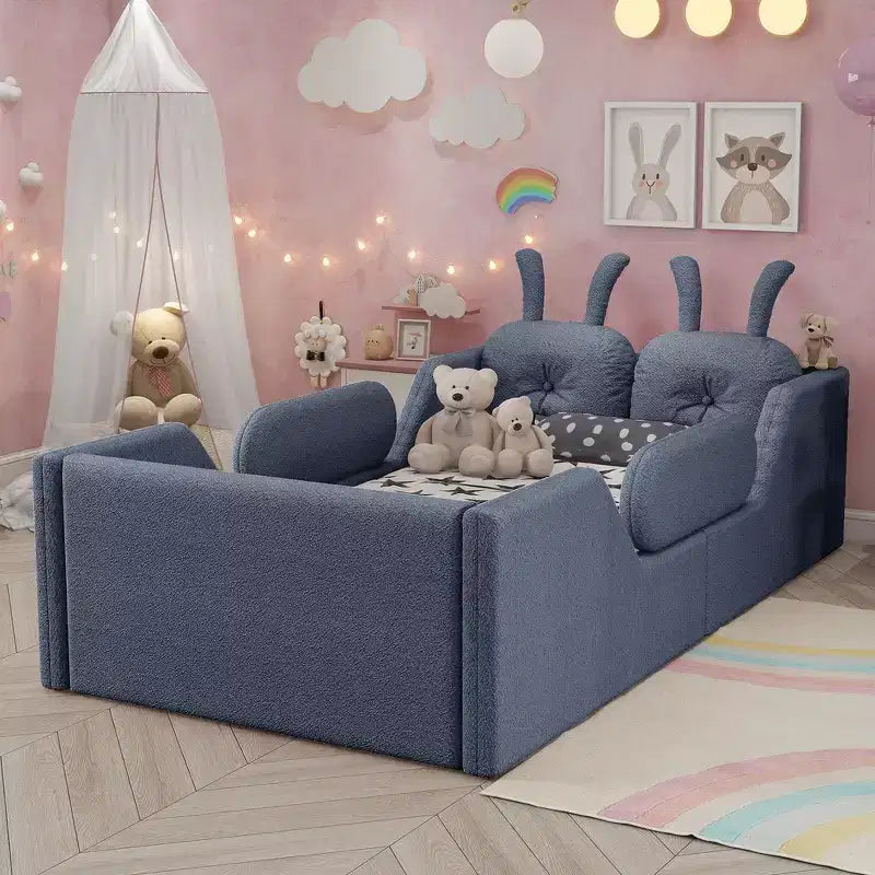 Letto a piattaforma Whisen Twin, struttura letto imbottita per bambini con cuscino a coniglio, sponde laterali rimovibili