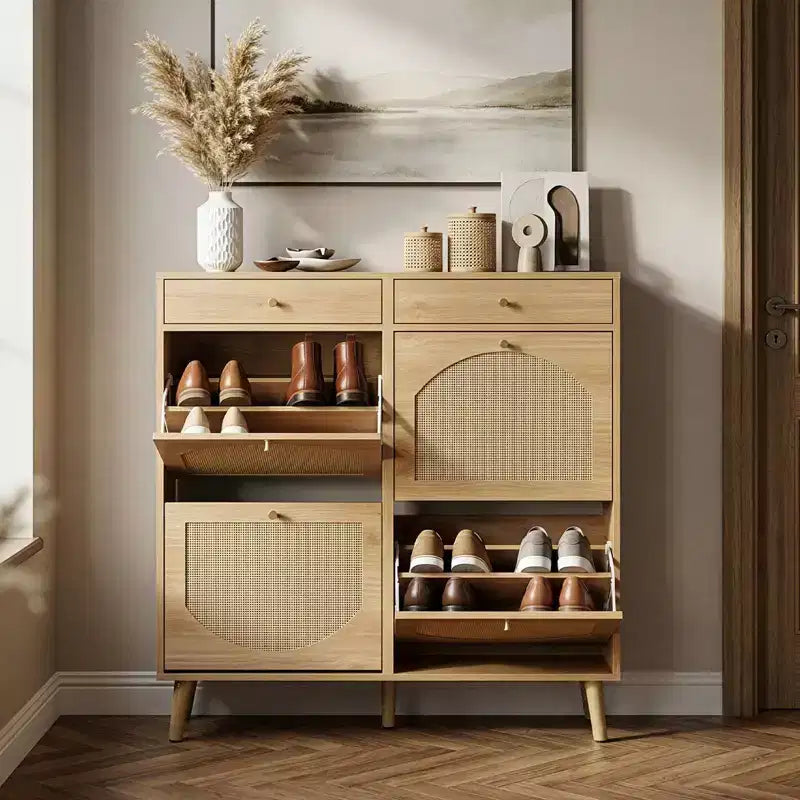 Karl Mobile Scarpiera con Pannello in Rattan, 2 Cassetti e 4 Cassetti a Ribalta, in Truciolato 105 cm L