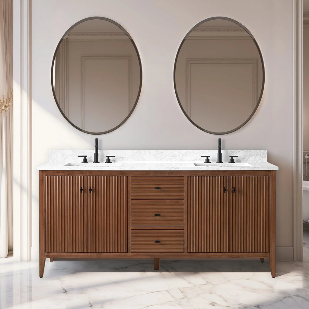 Mobile lavabo doppio Vanity Art 72 per bagno, con top in marmo tecnico