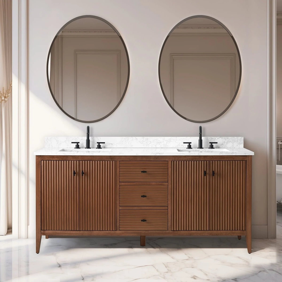 Mobile lavabo doppio Vanity Art 72 per bagno, con top in marmo tecnico