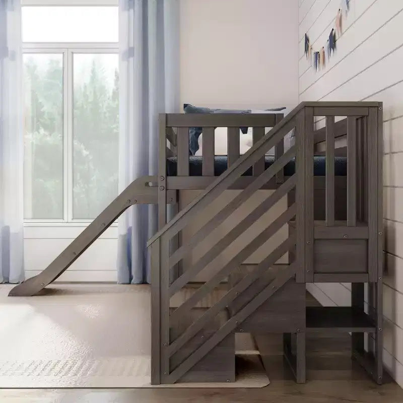 Letto a soppalco basso per bambini con scivolo e scale, legno massiccio, 14 sponde protettive, capacità 181 kg
