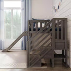Letto a soppalco basso per bambini con scivolo e scale, legno massiccio, 14 sponde protettive, capacità 181 kg