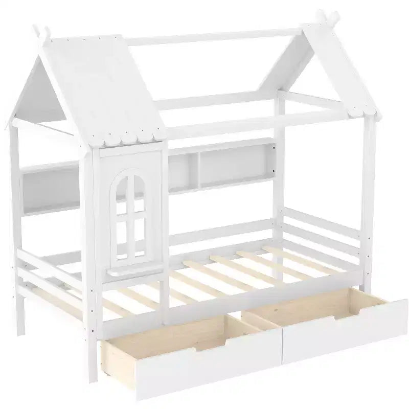 Letto a capanna con cassetti contenitori e finestra, struttura in legno massello con mensole, design giocoso infantile, bianco chiaro