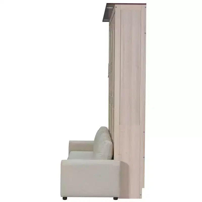 Letto a scomparsa matrimoniale con divano, letto a scomparsa matrimoniale in legno con luce a LED, letto a scomparsa pieghevole per camera degli ospiti, beige