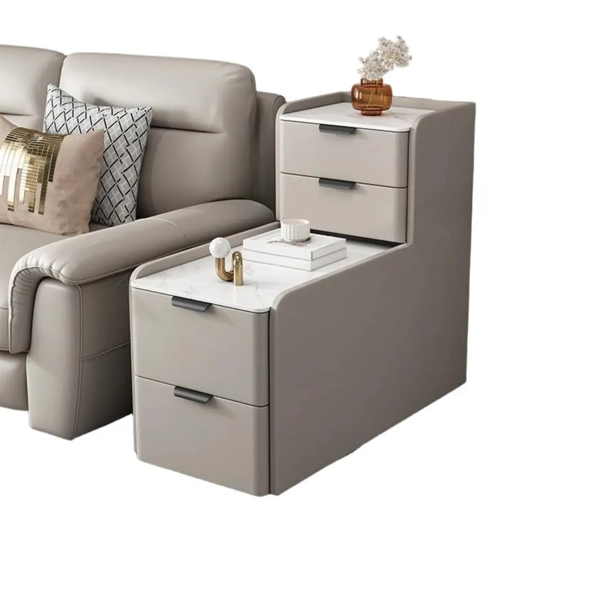 Tavolino da divano a L alto in legno con piano in pietra a 4 cassetti