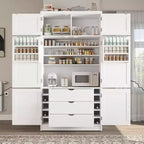 Grand meuble de garde-manger de cuisine avec prises électriques, grand placard autoportant avec support pour micro-ondes, tiroirs, étagères, casiers à vin et étagère de porte