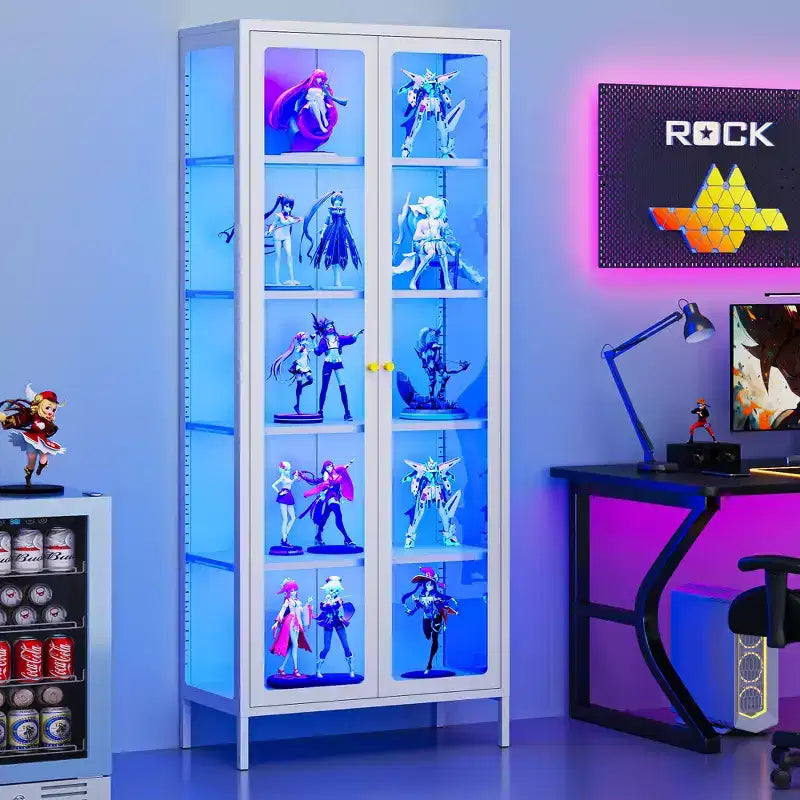 Bekrvio 67H Vetrina in Vetro a 3 Lati con Luci a LED, Mobile Contenitore a 5 Livelli con Doppie Ante e Cornice Metallica per Oggetti da Collezione, Ideale per Spazi Piccoli