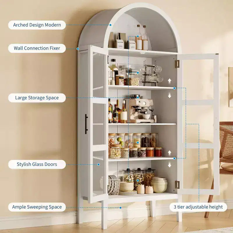 Mobiletto contenitore, Nero/Bianco, Stile ad arco, Singolo, Alto 71 con Luci LED e Ante in Vetro