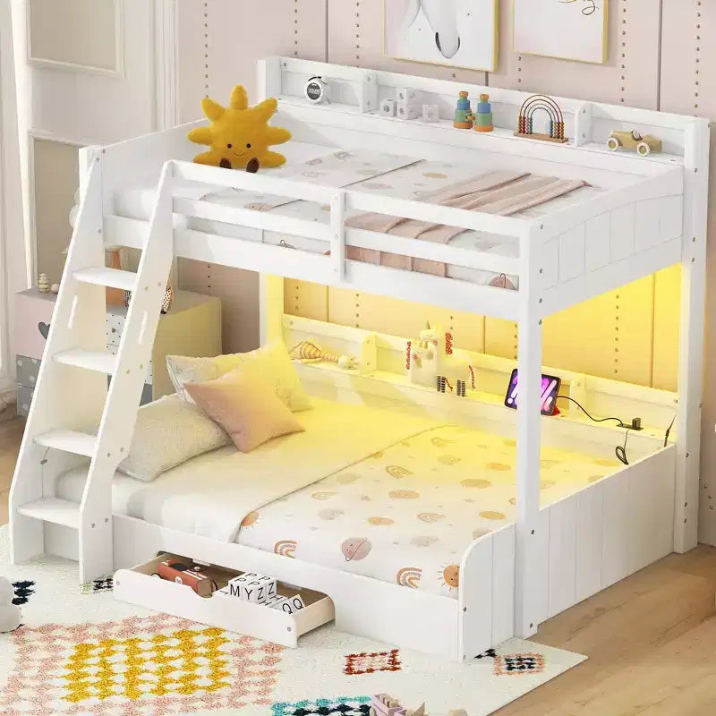 Letto a castello singolo su piazza e mezza con contenitore, luci LED e stazione di ricarica, letto a castello in legno con mensole laterali per bambini e ragazzi