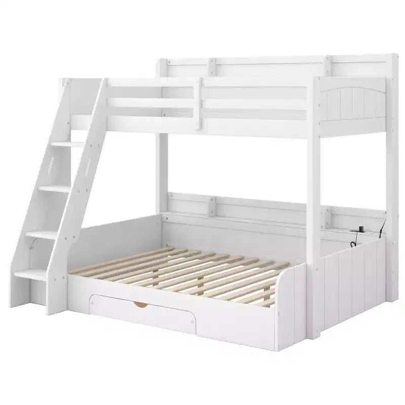 Letto a castello singolo su piazza e mezza con contenitore, luci LED e stazione di ricarica, letto a castello in legno con mensole laterali per bambini e ragazzi