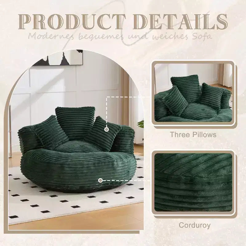 Pouf Divano per Adulti e Bambini, Poltrona Sacco Oversize in Corduroy con 3 Cuscini e Braccioli per Soggiorno e Camera da Letto