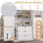 Grand meuble de garde-manger de cuisine avec prises électriques, grand placard autoportant avec support pour micro-ondes, tiroirs, étagères, casiers à vin et étagère de porte