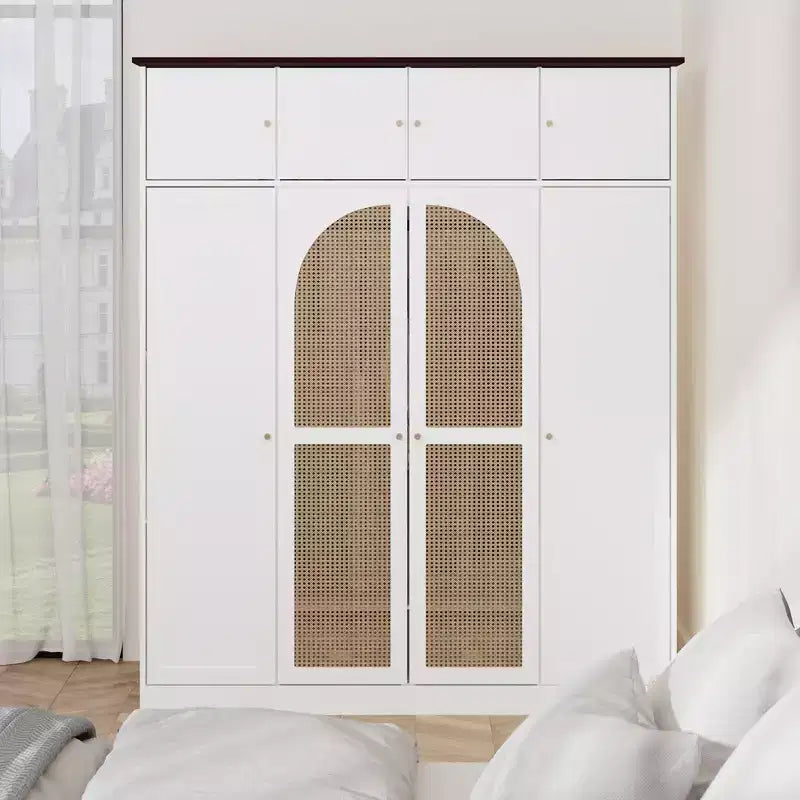 Armadio Guardaroba a 8 Ante di Grande Capacità, Alto 180 cm, con Asta Appendiabiti, Ripiani Regolabili e Ante Decorative in Rattan