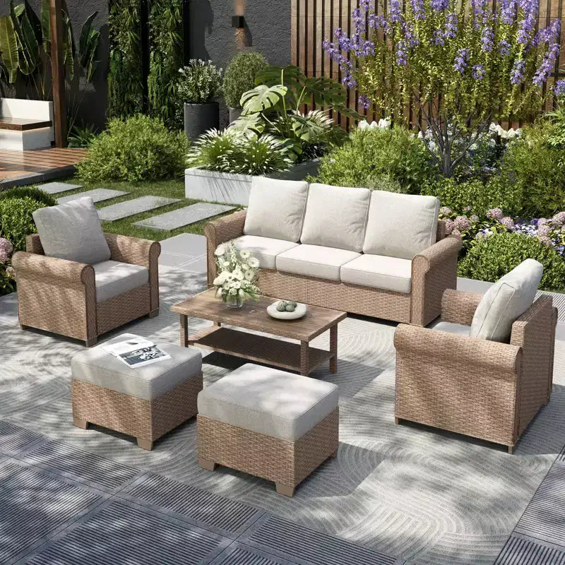Captiva Designs Set Divano da Giardino di Lusso in Rattan a 6 Pezzi con Braccioli Curvi e Cuscini