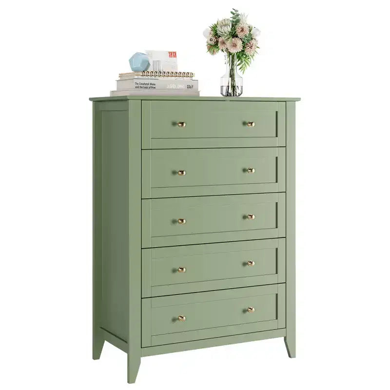 Cassettiera a 5 cassetti alta 108 cm per camera da letto, armadietto in legno con cassetti profondi 30 cm e pomelli in metallo dorato, ideale per ingresso o corridoio