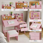 Set Scrivania e Sedia per Bambini, Tavolo da Studio in Legno con Piano Inclinabile Regolabile, Cassetti e Bacheca in Sughero - Set Scrivania per la Scuola dei Bambini