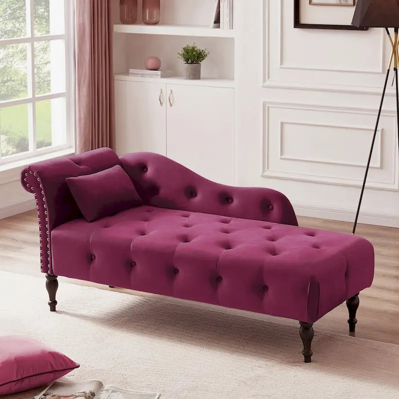 Moderna Chaise Longue da 60.6" in Velluto Imbottito con Bottoni Capitonnè, Gambe in Legno Massello e Borchie
