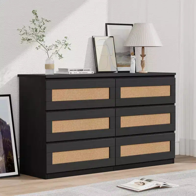 Cassettiera in Rattan per Camera da Letto con 6 Cassetti, Comò Largo Moderno in Stile Fattoria da 120 cm, Mobile Contenitore in Legno per Armadio, Soggiorno, Corridoio
