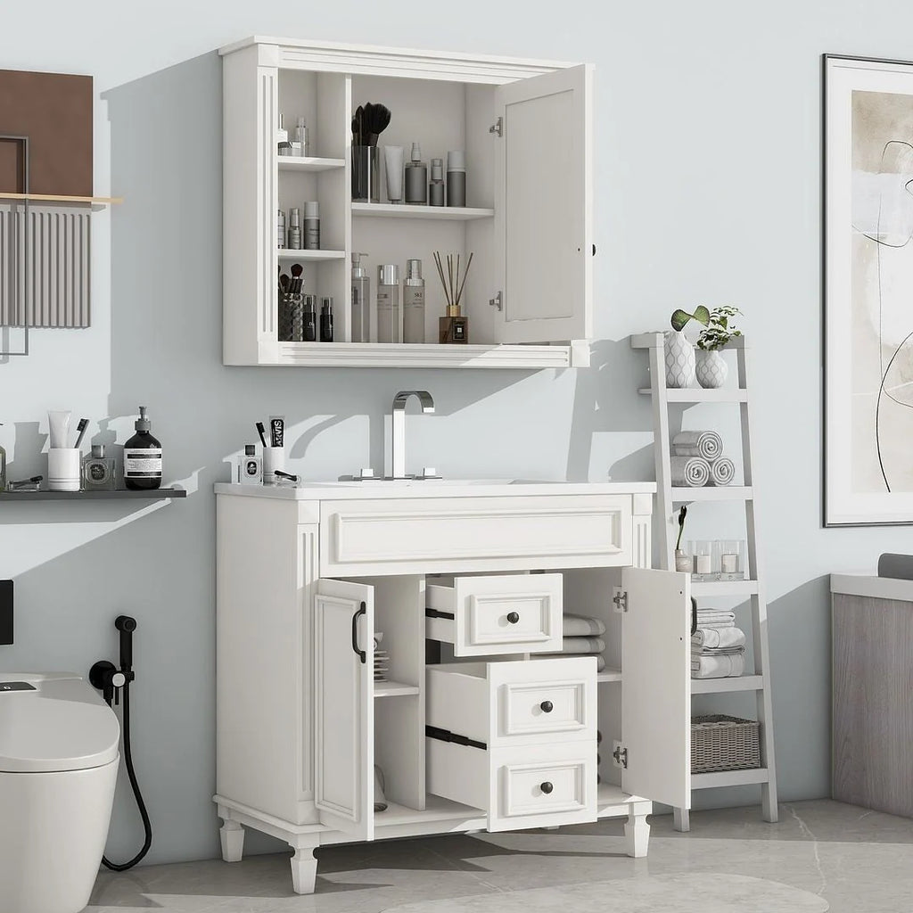 Mobile bagno moderno da 90 cm con lavabo integrato e specchiera, 2 ante e 2 cassetti