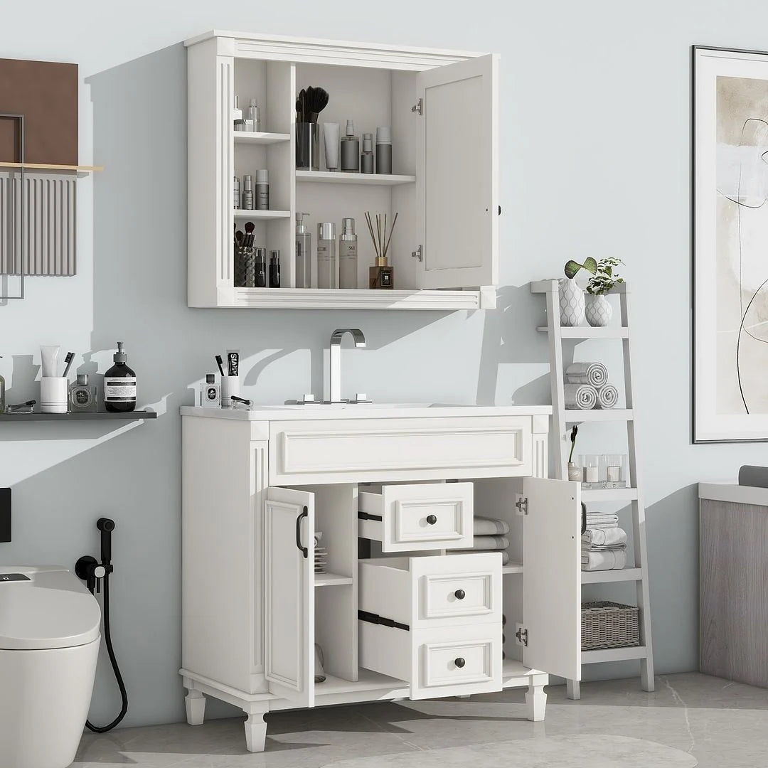 Mobile bagno moderno da 90 cm con lavabo integrato e specchiera, 2 ante e 2 cassetti