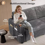 Divano letto componibile Dyonery 91 con letto estraibile, schienale reclinabile/due letti estraibili/porte USB/portabicchieri, velluto a coste felpato