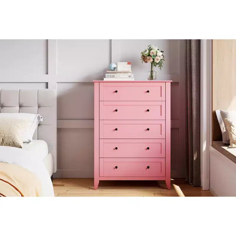 Cassettiera a 5 cassetti alta 108 cm per camera da letto, armadietto in legno con cassetti profondi 30 cm e pomelli in metallo dorato, ideale per ingresso o corridoio