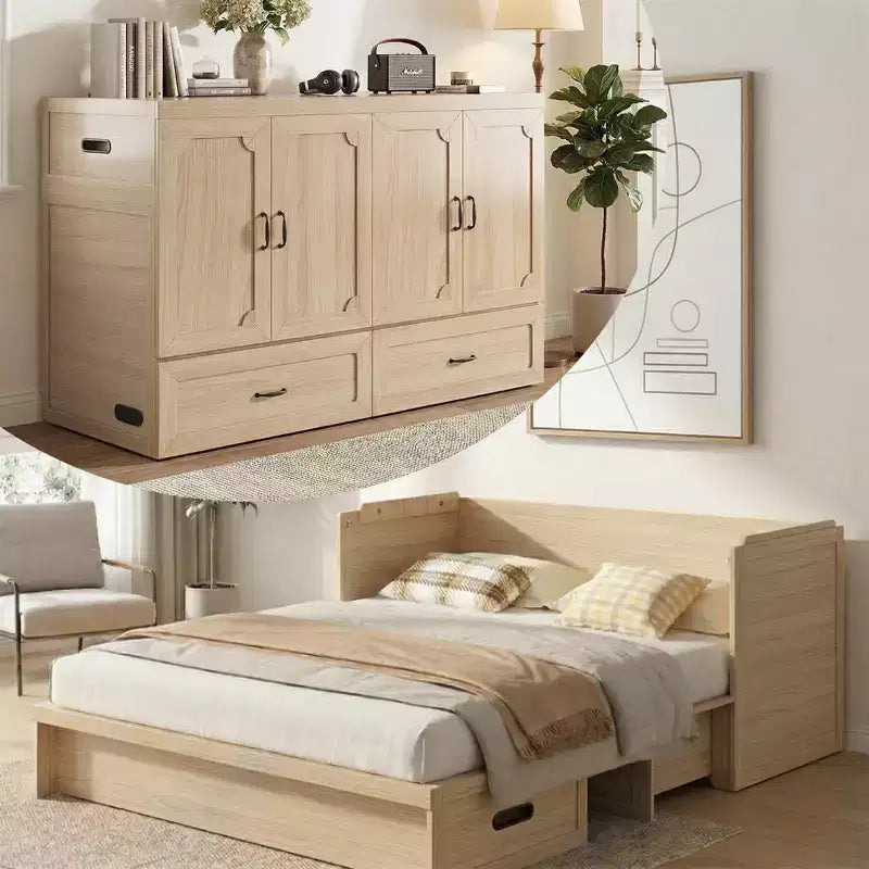 Letto a scomparsa matrimoniale Mjkone con materasso, ricarica USB, cassetti portaoggetti