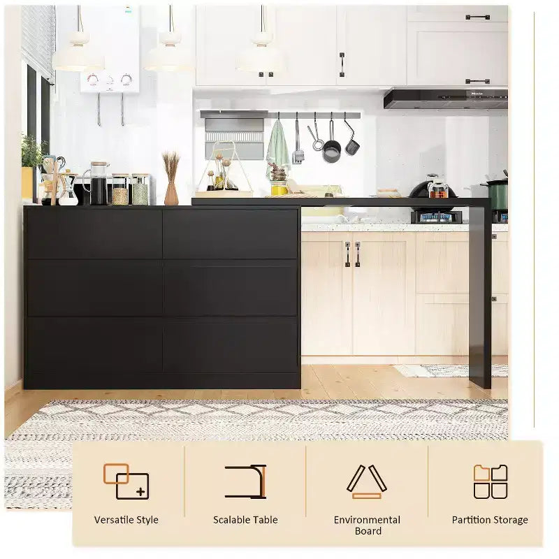 Credenza da buffet intelligente girevole/allungabile con 6 cassetti, piano d'appoggio esteso, tappetino antiscivolo, tavolo da pranzo girevole, isola per cucina/dispensa