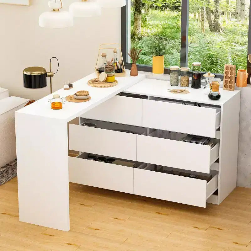Credenza da buffet intelligente girevole/allungabile con 6 cassetti, piano d'appoggio esteso, tappetino antiscivolo, tavolo da pranzo girevole, isola per cucina/dispensa