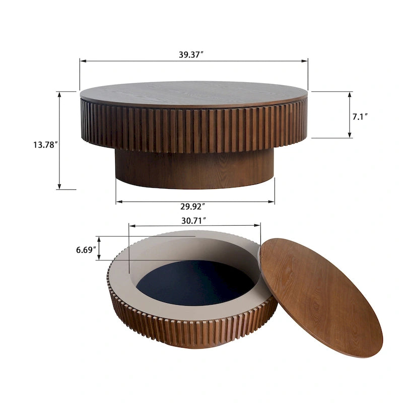 Tavolino da caffè/tè rotondo moderno in legno massello impiallacciato con contenitore