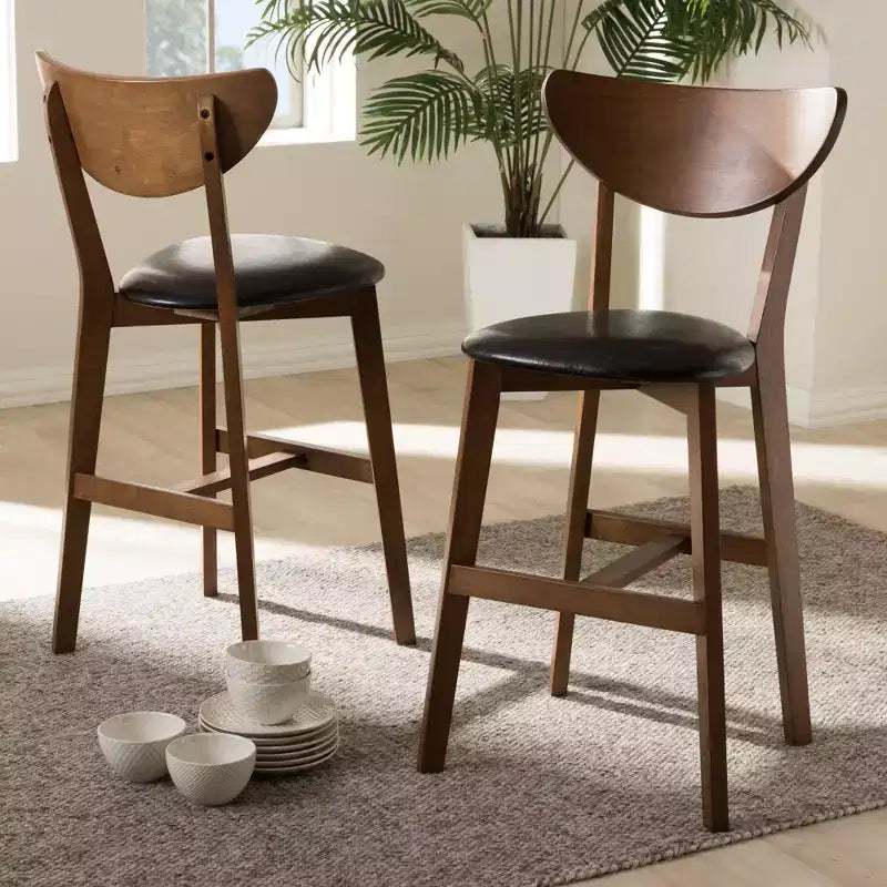 Set of 2 Baxton Studio Eline Mid Century Modern Walnut Finished Wood Faux Leather Upholstered Counter Height Barstools Black: Oval Back, Spot Clean