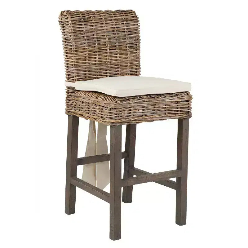 24" Duvall Rattan Counter Height Barstool Brown - East At Main: Teakwood Legs, No Assembly Required