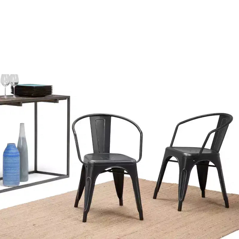 WyndenHall Set of 2 Elisse Metal Dining Armchairs Distressed Black/Silver: Industrial Style, Metal Frame