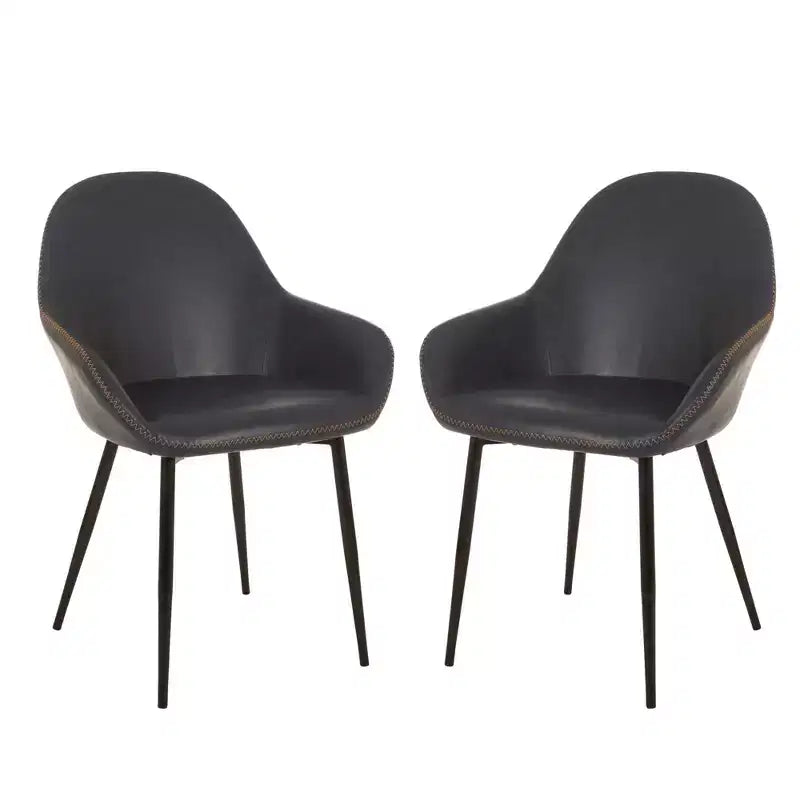 Set of 2 Mid Century Modern Vintage Leatherette Dining Armchair Navy Blue - Glitzhome: Upholstered, Steel Frame, Comfort Padding